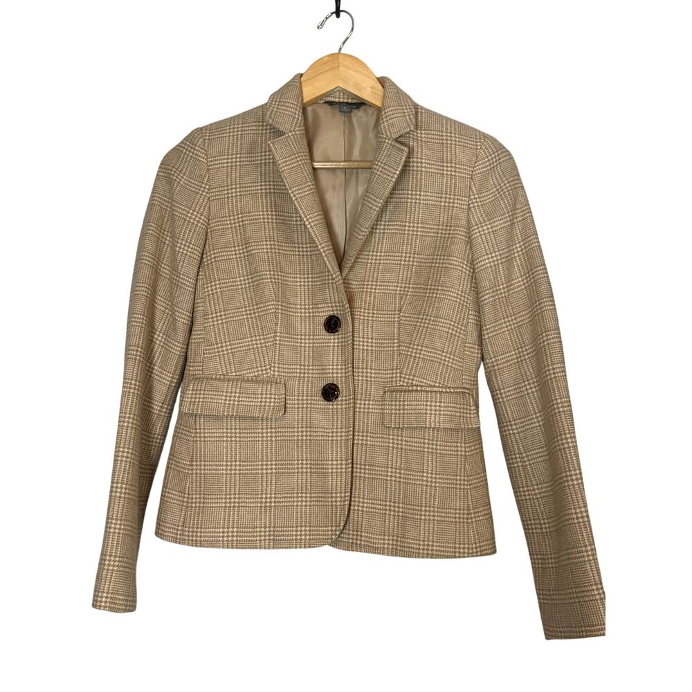 LL Bean 100% Wool Fitted Blazer Two Button Tan Brown Jacket Womens 0 Suit Jacket